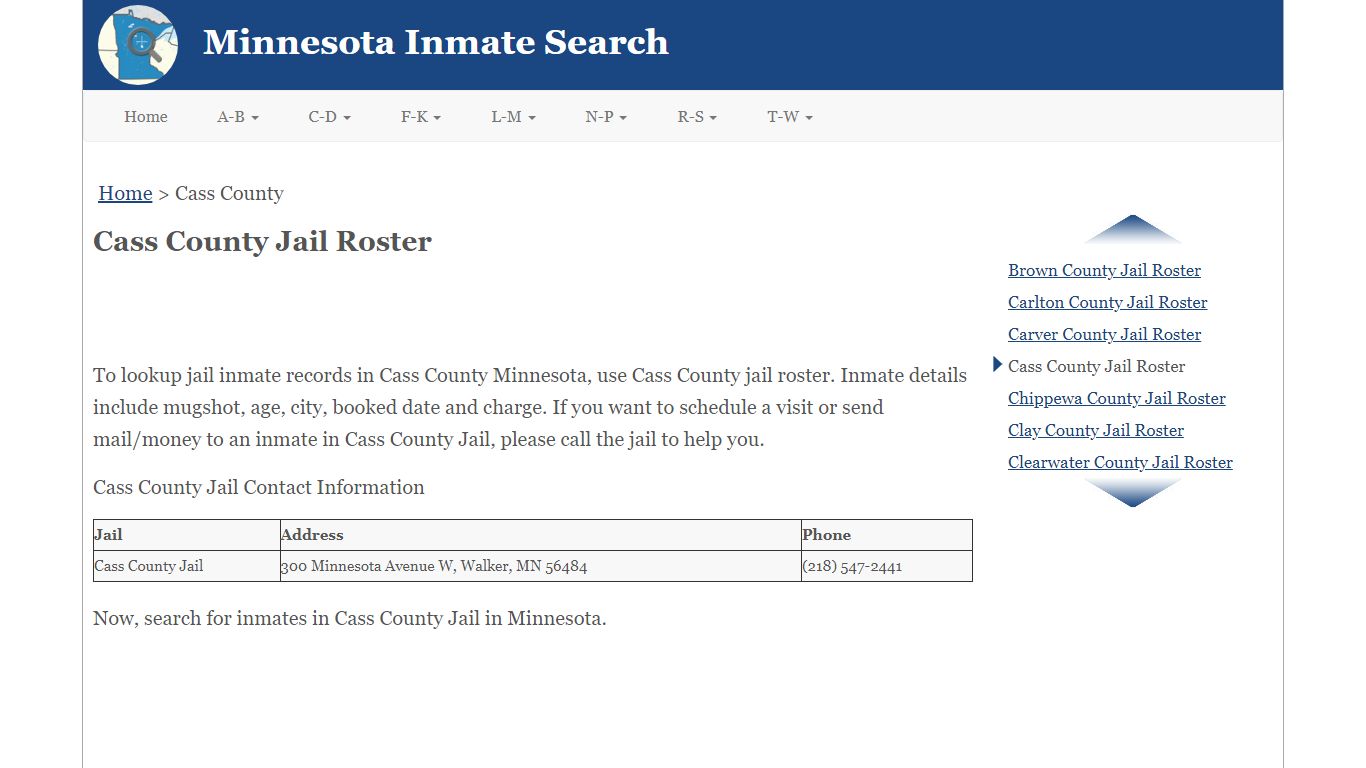 Cass County Jail Roster - Minnesota Inmate Search